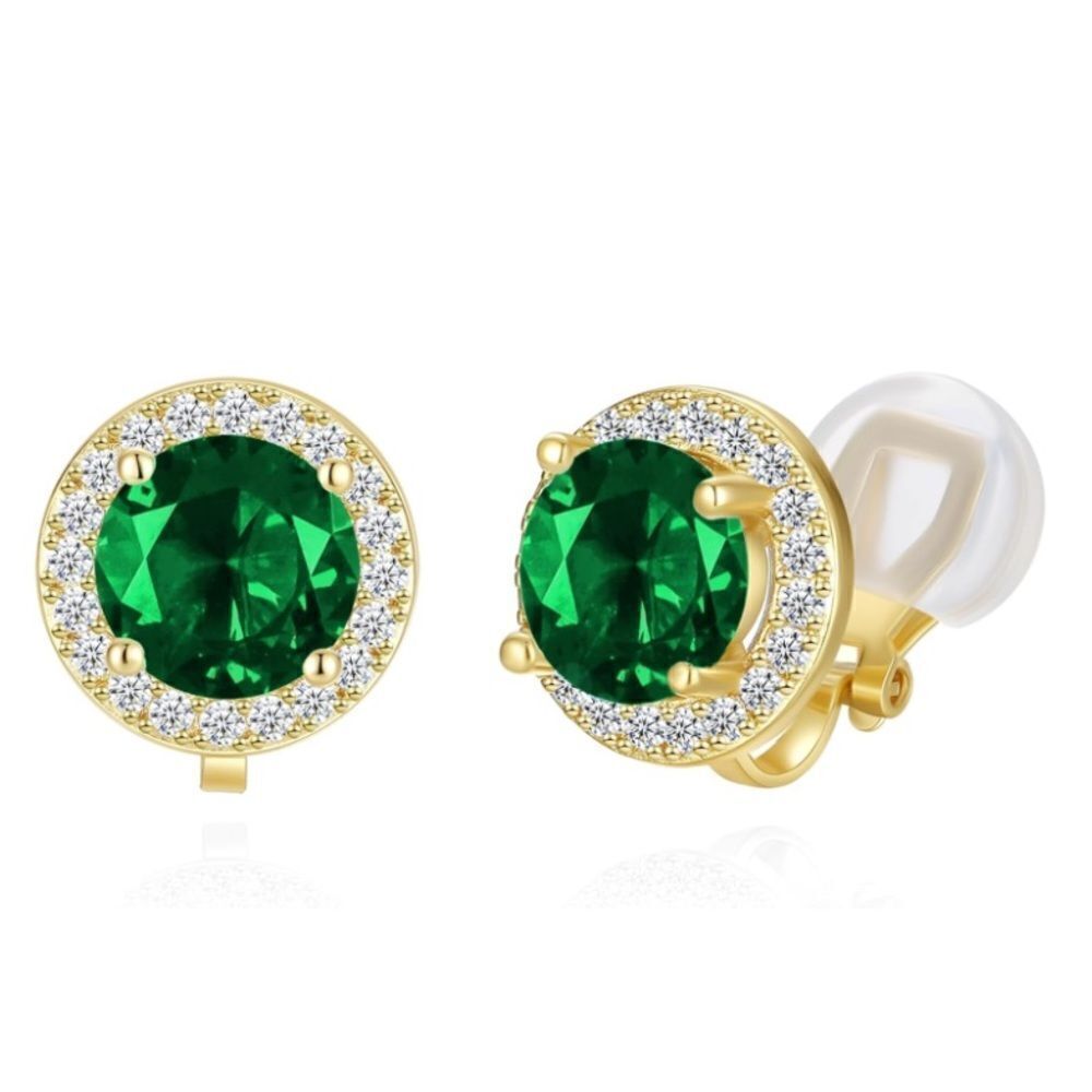 Yellow Gold with Emerald Green and Diamond Cubic Zirconia Stud Clip On Earrings